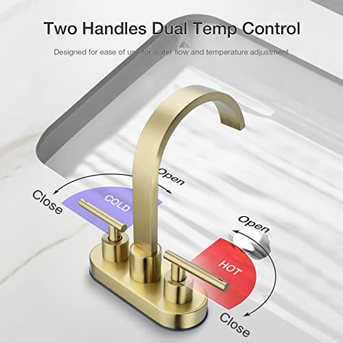DIKUROOMS 4 Inch Centerset Bathroom Sink Faucet 2 Handle Vanity Basin Faucets with Overflow Pop-up Drain Assembly and cUPC Water Supply Lines, 360 Degree Swivel Square Spout, Brushed Gold