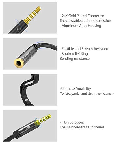 KINGTOP Headset Splitter, 3.5mm Headphone Mic Splitter Cable for Headset with Separate Audio Microphone Jacks, Microphone Headphone Splitter (Not for Dual Audio Headphones)