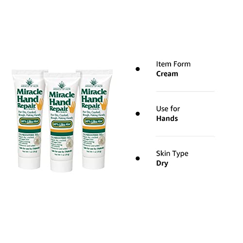 Miracle of Aloe Miracle Hand Repair Cream 1 oz Healing Aloe Vera Lotion for Dry, Cracked Hands with 60% Ultra Aloe Gel - Moisturizes, Softens, and Repairs - Non-Greasy (3-Pack)