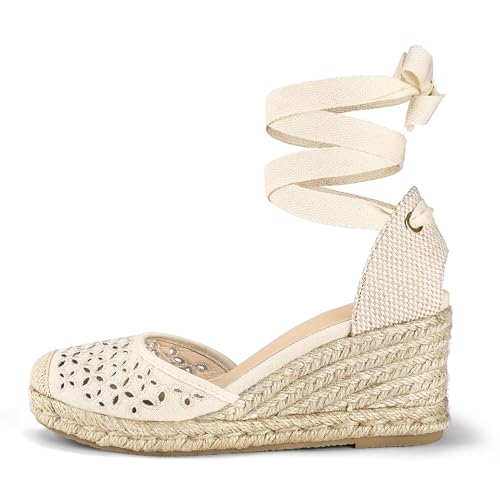 mysoft Women's Espadrille Platform Wedge Sandals Closed Toe Ankle Strap Lace up Summer Shoes