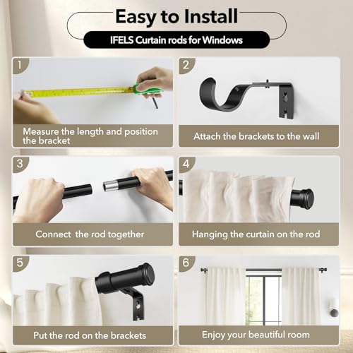 IFELS Heavy Duty Curtain Rods for Windows 28 to 48 Inch, 1 Inch Black Curtain Rods for Outdoor, Farmhouse, Bedroom, Kitchen, Living Room, Adjustable Easy Install Curtain Rods (A4,Black,30"-60")
