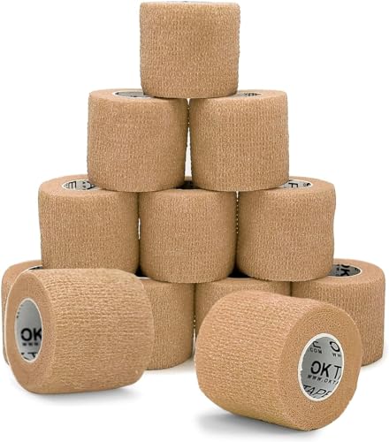 OK TAPE 12 Rolls Self Adhesive Bandage Wrap, Elastic Athletic Tape, Self Stick Bandage Tape, Vet Wrap, Medical Wrap for Wrist, Feet, 2" x 5 Yards - Beige