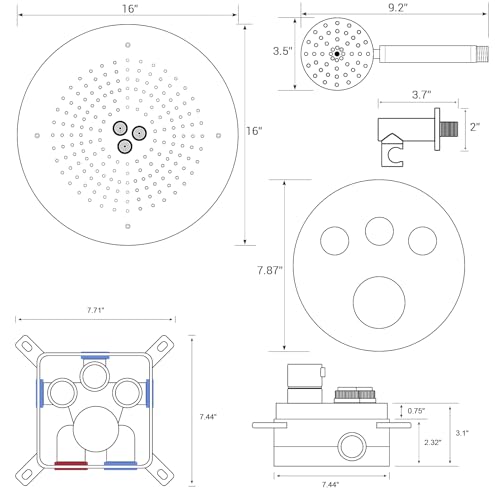 TRUSTMI Thermostatic Shower System 3 Way FLow-Adjust Push Button Diverter Valve, 16 Inch High Pressure Rainfall and Handheld Shower, All Metal Ceiling Mount Round Shower Faucet, Brushed Brass Gold