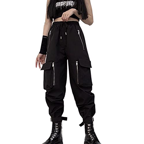 MEINVQIAOTI Black Cargo Pants Women Loose Chained Pants Multi-Pocket Multi-Zip Punk Goth Pants(Black,XS)