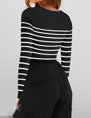 ZESICA Women's Ribbed Long Sleeve Sweater Square Neck Knit Tops 2024 Fall Casual Striped Pullover Black S