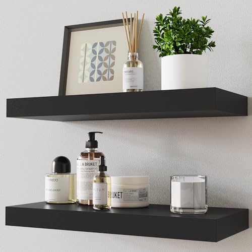 Bellsal Floating Shelves for Wall, Black Engineered Wood Wall Shelf Set of 2, 24" Wall Mounted Floating Shelf for Kitchen, Living Room, Bedroom, Bathroom Storage, Book Shelf for Wall Home Decor