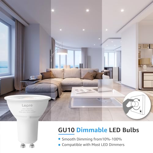 Lepro GU10 LED Bulb Dimmable, 50W Halogen Equivalent Light Bulbs, 5.5W 3000K Soft Warm Light Replacement for Recessed Track Lighting,40°Spotlight for Kitchen Range Hood Living Room & Bedroom, 6 Pack