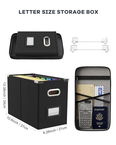 Oterri File Organizer Box with Lid, Hanging Filing File Box with Mesh Pocket, Document Organizer Box for Letter Files, Portable Storage Box with Smooth Sliding Rail for Office&Home (1 PCS, Black)