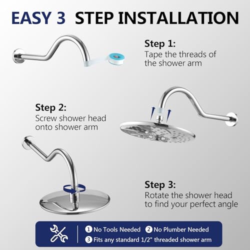 PDPBath Large 10 Inch Rain Shower Head with Extension Arm, 8-Setting Rainfall Showerhead with Extender, High Pressure Shower Heads with 16.7" Shower Arm Extension, Chrome