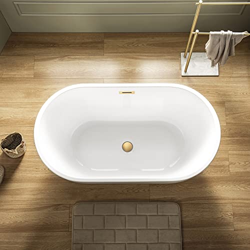 WOODBRIDGE 48" Acrylic Freestanding Bathtub Contemporary Soaking Tub, White Acrylic(Brushed Golden Drain/Overflow),BTA1703-BG-Drain&O