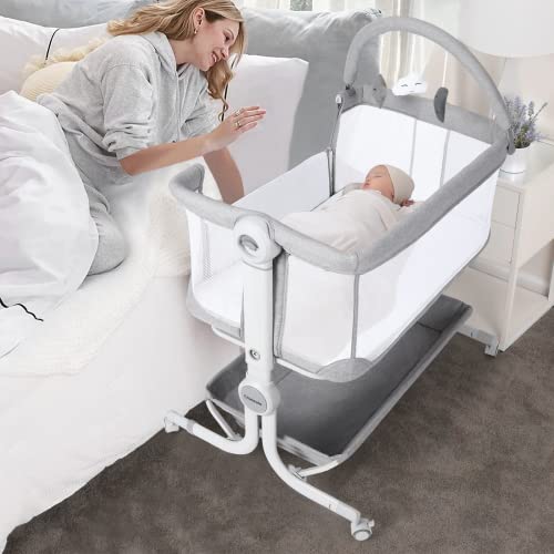 Cowiewie Baby Bassinet 2-1 Beside Sleeper with Wheels & Hanging Toys for Baby Foldable Adjustable Height Portable Bassinets (GREY)