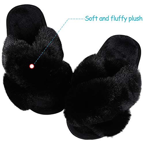 Girl's Soft Plush Lightweight House Slippers Non Slip Cross Band Slip on Open Toe Cozy Indoor Outdoor Slippers BK30 Black