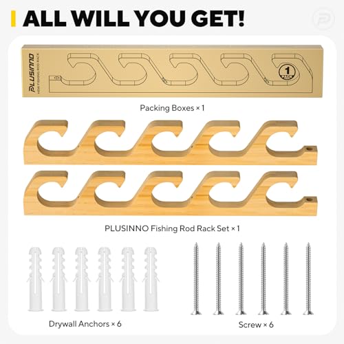 PLUSINNO WH5 Horizontal Fishing Rod/Pole Holders for Garage, Wall or Ceiling Mounted Fishing Rod Rack, Solid Wood Fishing rod Holder Holds up to 5 Rod or Combos or Nets Storage Racks