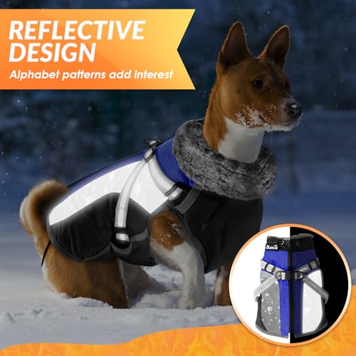SlowTon Dog Jacket with Harness Built in, Waterproof Fleece Winter Warm Dog Coats for Small Medium Dogs, Reflective Adjustable Furry Puppy Vest Clothes for Outdoor Walking (Blue,Size X-Small)