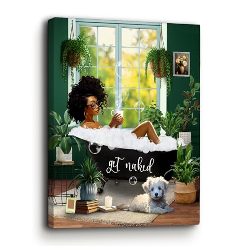 Bathroom Decor African American Wall Art Black Girl In Bathtub Canvas Wall Art Picture Modern Green Botanical Wall Decor Black Woman Framed Artwork For Bathroom Bedroom 8"X10"