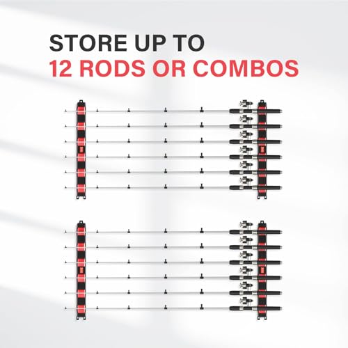 Simple Deluxe Horizontal Fishing Rod Holders Wall-Mounted Fishing Rod Rack Great Fishing Pole Holder for Garage, Fishing Rod Rack Holds Up to 12 Rods, 13.6'' Red, 2 Pairs