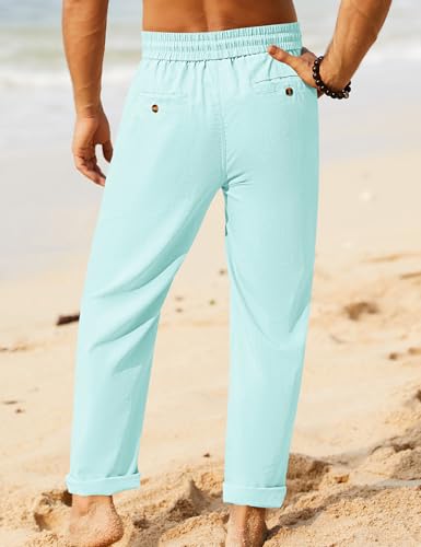 iWoo Men's Cotton/Linen Casual Pull On Pants Elastic Waist Cargo Pants Khaki S