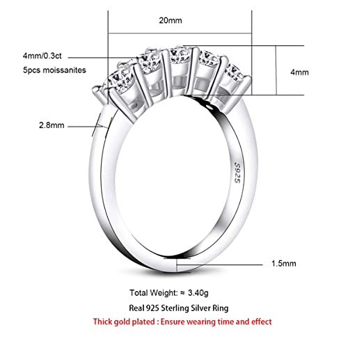 AnuClub 5 Stone Moissanite Wedding Band 1.5cttw D Color Lab Diamond 14k Yellow Gold Plated Silver Eternity Rings, Christmas Gift For Women With Certificate 10