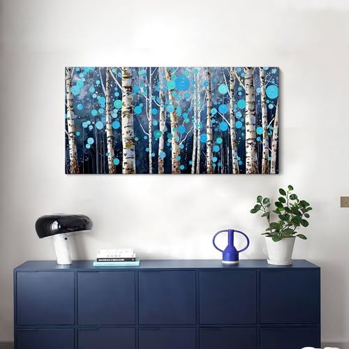 HKDGOKA Wall Art for Living Room Blue Forest Painting Abstract Tree Landscape Panoramic Canvas Textured Picture,Modern Larg Artwork Framed for Bedroom Bathroom Office Home Decor 40"x20"