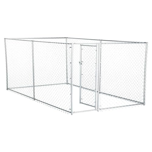 Lucky Dog Heavy Duty Outdoor Galvanized Chain Link Dog Kennel Enclosure with Latching Door, 1.5 Inch Raised Legs, and Adjustable Configuration, Silver