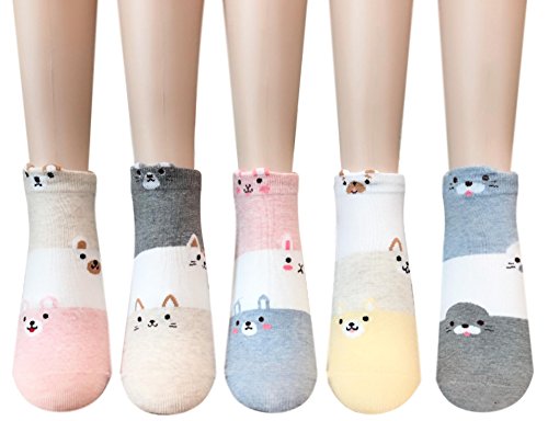 GotYourToes | Womens Teen Girls | Cute Dog Cat Rabbit Bear Animal Print | Ankle Socks | Great Gifts | 5 Pairs (Oh Happy Day