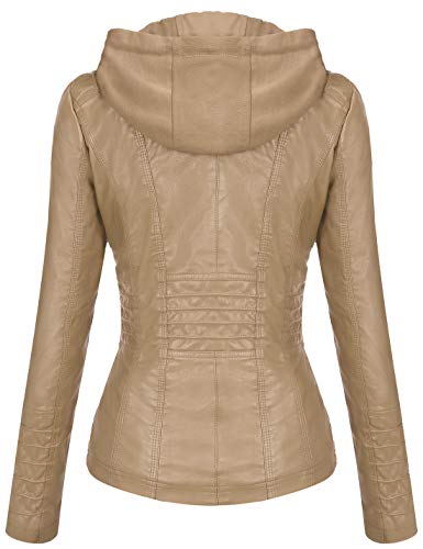 Tanming Women's Womens Hooded Faux leather Jackets (X-Small, Apricot)