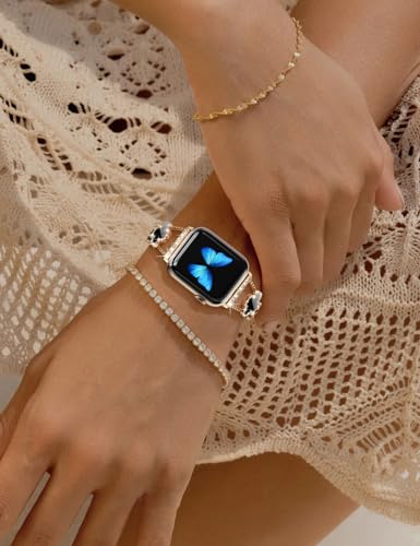 CTYBB Bling Womens Band Compatible with Apple Watch Band 40mm 41mm 38mm Series 9 8 7 6 5 4 3 2 1 SE, Sparkle Diamond Replacement Bracelet Wristband, Cute Lucky Clover Dressy iWatch Band,Gold/Black