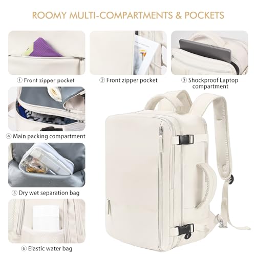 Beraliy Travel Backpack Airline Approved, Carry on Backpack, 17 Laptop Backpack, Waterproof Weekender Bag,Casual Daypack, Hiking Backpack, Beige