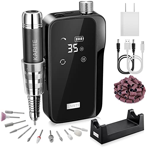 KARITE Nail Drill for Acrylic Nails Professional, 35000RPM Portable Nail File, Electric Nail Drill Machine 24H Working Time, Coreless Motor and 12 Bits, for Nail Art Manicure Pedicure, Low Noise