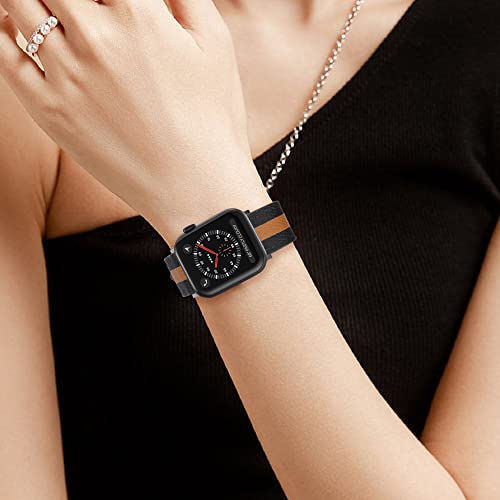 VAKS Compatible with Apple Watch Leather Band 41mm 40mm 38mm for Women Men, Genuine Leather WristBands Replacement Strap for iWatch Series SE2/8/7/6/5/4/3/2/1/SE, Black Brown Black