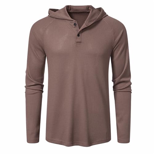 DELCARINO Men's Causal Pullover Hoodie Lightweight Solid Color Hooded Sweatshirt Tops Long Sleeve Waffle-Knit Henley Shirt (Small, Brown)