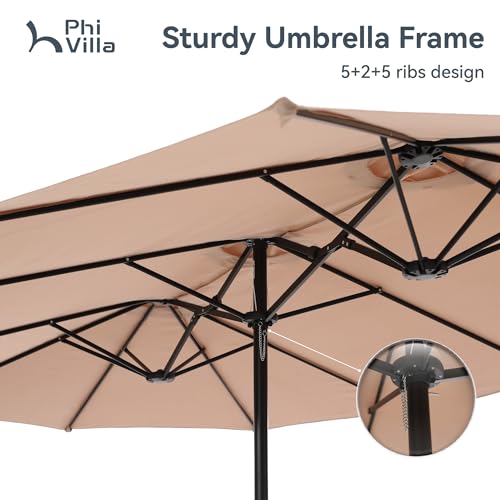 PHI VILLA 15ft Large Patio Umbrellas with Base Included, Outdoor Double-Sided Rectangle Market Umbrella with Crank Handle, for Poolside Lawn Garden, Beige