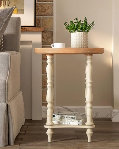 VONLUCE French Country End Table, 19'' Round Farmhouse Side Table, Distressed Wood Tray Top Rustic Accent Table for Living Room Bedroom, Small Space, Beige