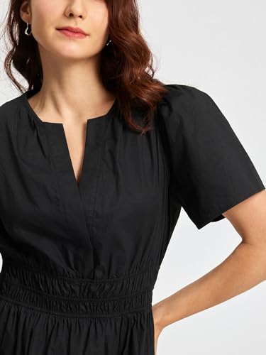 ShallWe Women's Basic Plain Black Summer Dress Casual Long Maxi Short Sleeve Layered Cotton V Neck A Line Fashion Travel