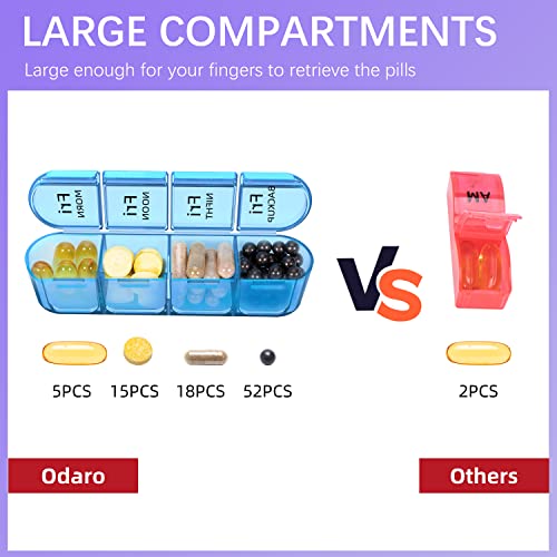 Odaro Weekly Pill Organizer 4 Times a Day, Daily Pill Box 7 Day, Large Travel Pill Case with 28 Compartment to Hold Medicine, Vitamin and Supplement (Color)