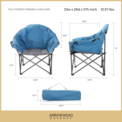 ARROWHEAD OUTDOOR Oversized Heavy-Duty Club Folding Camping Chair w/External Pocket, Cup Holder, Portable, Padded, Moon, Round, Saucer, Supports 330lbs, Carrying Bag, USA-Based Support