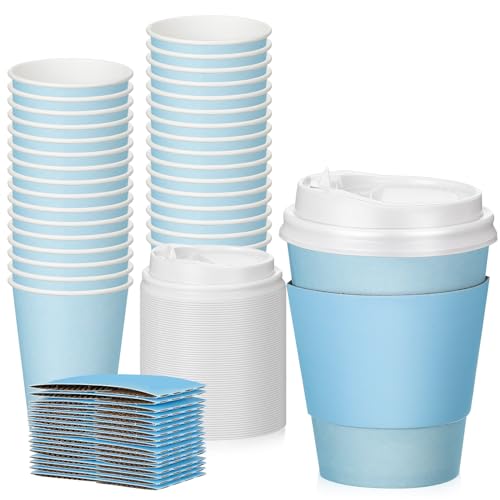 Patelai 48 Pcs 12 oz Disposable Coffee Cups with Lids and Sleeves Bulk, Insulated Hot Chocolate Paper Cup for Hot and Cold Beverage Water Juice Cocoa Tea Party Restaurants Travel Supplies (Blue)