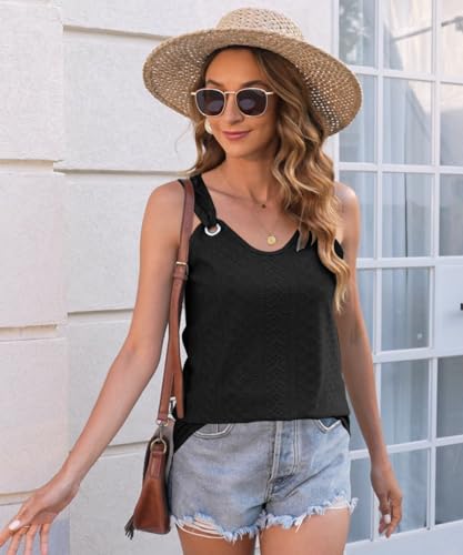 Disamer Women Summer Tops Casual Spaghetti Strap Tank Tops 2024 Loose Fit Trendy Cute Lace Sleeveless T Shirts(M.B Navy)