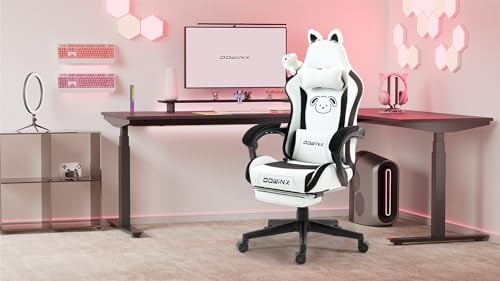 Dowinx Gaming Chair Cute with Cat Ears and Massage Lumbar Support, Ergonomic Computer Chair for Girl with Footrest and Headrest, Comfortable Reclining Game Chair 290lbs for Adult, Teen, White