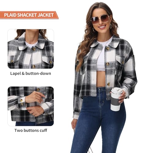 URBEST Women's Cropped Oversized Plaid Shacket | Cozy Long Sleeve Button Down Jacket with Pockets for Casual Style Grey L