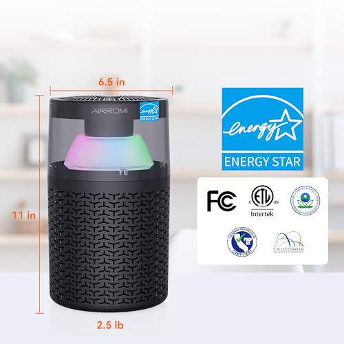 AIRROMI Air Purifiers for Home Bedroom Up to 765 Ft²,with Activated Carbon Filter,Aromatherapy,RGB nightlight,Quiet 360° intake Air Cleaner for Pet Hair,Pet Dander, Allergies,Smoke,Odor A2002 Black