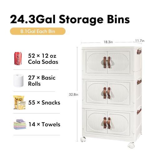 KHS Plastic Storage Bins Organizer, 4 Pack 23.3QT Stackable Storage Bins with Doors, Collapsible Storage Bins Containers for Closets Kitchen Bedroom