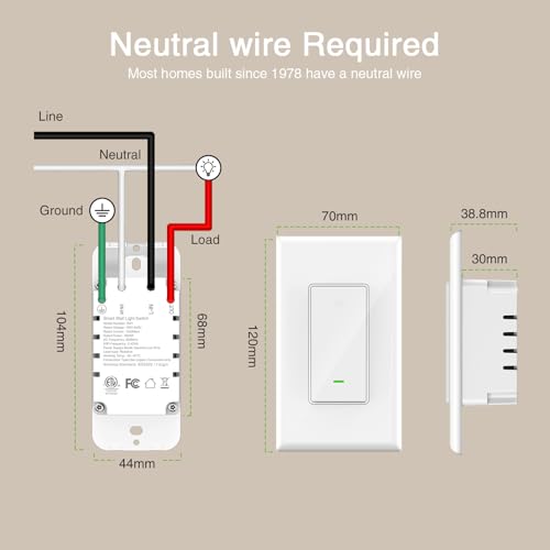 GHome Smart Switch, 2.4Ghz Wi-Fi Light Switch Compatible with Alexa, Google Home, Neutral Wire Required, Single-Pole,UL Certified,Voice Control and Timer, No Hub Required,1 Pack, White (SW5)