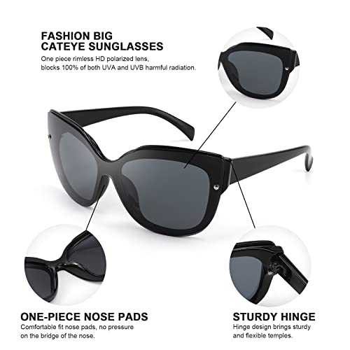 FEISEDY Cat Eye Sunglasses Polarized for Women Men,Rimless Mirrored Sunglasses, Oversized, Trendy Retro Sun Glasses B2796 Bright Black/Black Gray