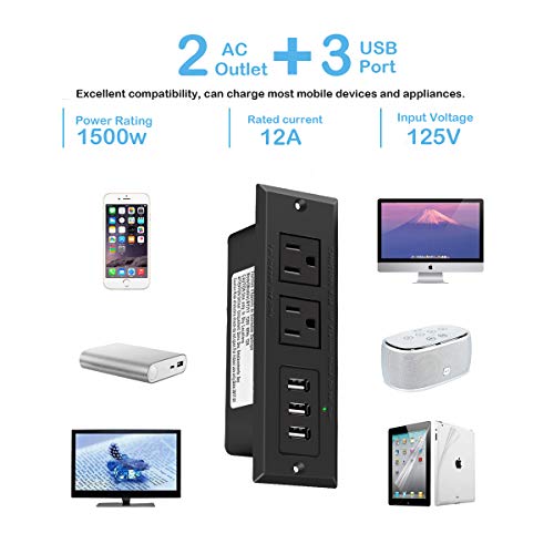CCCEI Furniture Recessed Power Strip, Black Desk Outlet with USB Ports, in Conference Desktop Flush Mount Plug, 6 ft Extension Cord.