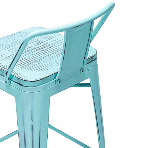 Alunaune 24" Metal Bar Stools Set of 4 Industrial Counter Height Barstools Kitchen Counter Stool Wood Top Low Back-Distressed Blue