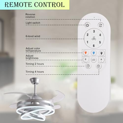 Panghuhu88 42" Invisible Ceiling Fan Chandelier Light,Modern DIY Ceiling Fan Light Remote Control 4 Retractable ABS Blades for Bedroom Living Dining Room Decoration (Silver)