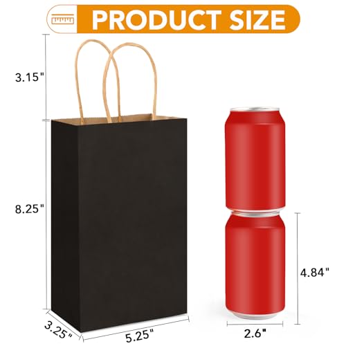 XPCARE 100Pcs Paper Gift Bags 5.25x3.25x8.25'', Small Paper Bags with Handles Bulk, Kraft Paper Bags for Birthday Party Favors, Shopping, Retail(Black)