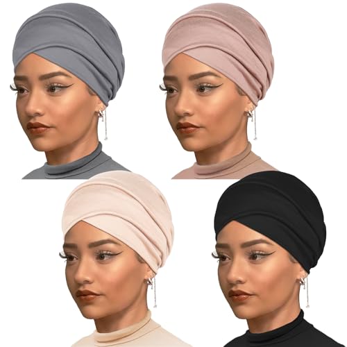 XTREND 1 Piece Turbans for Women Stretch Jersey Headwraps Fashion Neck Sleeve Sleeping Turban Solid Color Head Wrap Extra Wide Turban Caps Soft Breathable African Headwrap for Women (Camel)