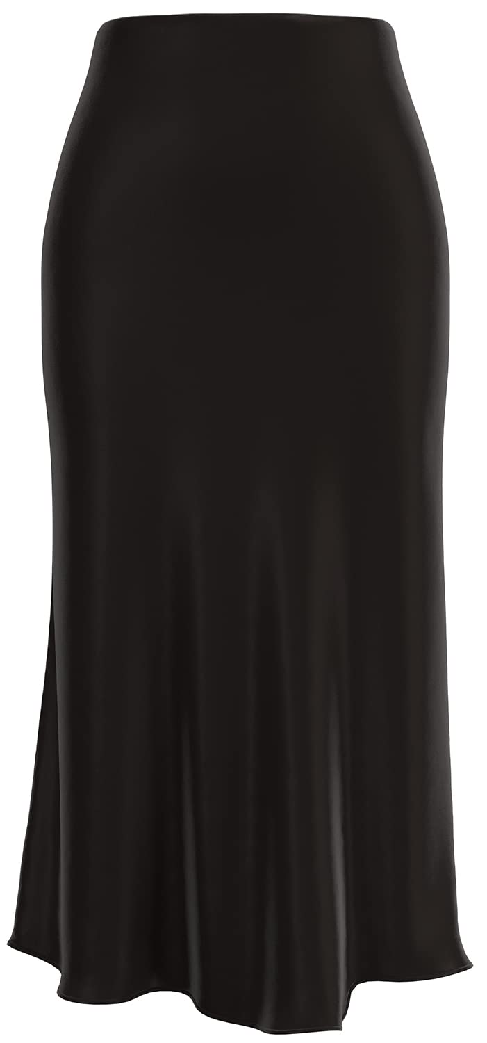 Soowalaoo Womens Black Skirt Midi Long Length Silk Satin High Waisted Elastic Casual Solid Color Skirts M